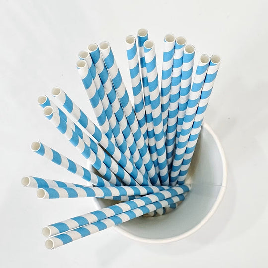 NEW - Blue and White Striped Standard Paper Straw 6 x 200mm - 5,000/Box