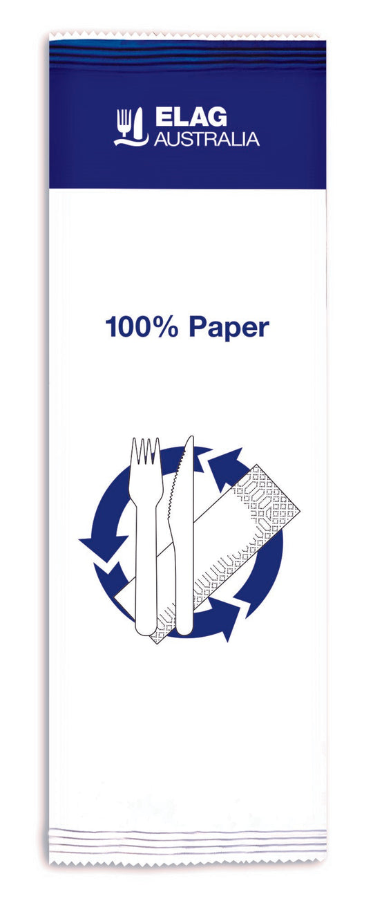 NEW Elag Paper Cutlery PrePacks 2+1 - 100% Paper Knife, Fork & Napkin White